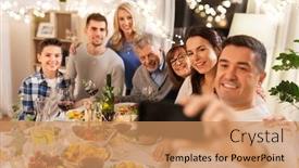  Presentation with dinner party - Slide set enhanced with celebration holidays and people concept - happy family having dinner party at home and taking selfie by smartphone background and a coral colored foreground