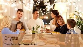  Presentation with dinner party - Presentation theme consisting of celebration holidays and people concept - happy family having dinner party at home background and a coral colored foreground