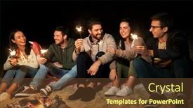  Presentation with camp - Presentation theme consisting of celebration holidays and people concept - happy friends with sparklers sitting at camp fire at night background and a tawny brown colored foreground