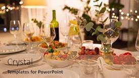  Presentation with dinner party - Amazing PPT theme having celebration holidays catering and eating concept - table served with plates wine glasses and food for home dinner party backdrop and a coral colored foreground