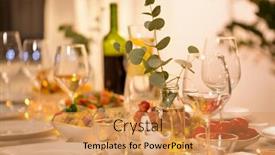  Presentation with eucalyptus - Amazing presentation design having celebration holidays catering and eating concept - eucalyptus branch on table served with plates wine glasses and food for home dinner party backdrop and a yellow colored foreground