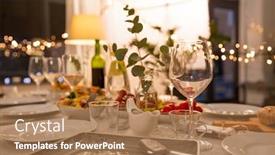  Presentation with catering - Beautiful slide set featuring celebration holidays catering and eating concept - table served with plates wine glasses and food for home dinner party backdrop and a coral colored foreground