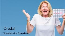  Presentation with hands holding - Audience pleasing presentation theme consisting of celebration month - middle age blonde woman holding backdrop and a  colored foreground