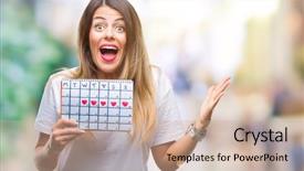  Presentation with woman hands raised to sky - Colorful presentation theme enhanced with celebration month - young beautiful woman holding menstruation backdrop and a soft green colored foreground