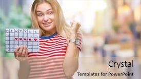  Presentation with emotion - Beautiful slide set featuring celebration month - young caucasian woman holding menstruation backdrop and a soft green colored foreground