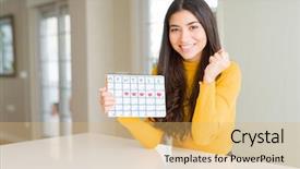 Presentation with emotion - Theme enhanced with celebration month - young woman holding menstruation calendar background and a yellow colored foreground
