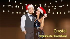  Presentation with party lights - Cool new slides with celebration people and holidays concept - happy couple in santa hats at christmas or new year party over garland lights background backdrop and a tawny brown colored foreground