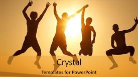  Presentation with community service happy volunteer group - Amazing PPT theme having celebration silouhette - group of happy young people backdrop and a gold colored foreground