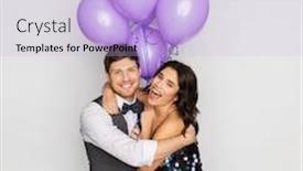  Presentation with ultra - Presentation theme featuring celebration valentines day and holidays concept - happy couple with ultra violet balloons hugging at birthday party background and a light blue colored foreground