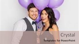 Presentation with ultra - Amazing theme having celebration valentines day and holidays concept - happy couple with ultra violet balloons at birthday party backdrop and a coral colored foreground