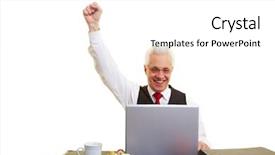  Presentation with work celebration - PPT theme having celebration work - elderly businessman with laptop clenching background and a  colored foreground