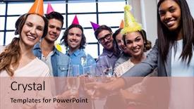  Presentation with happy birthday - Slides featuring celebration work - happy coworker drinking champagne background and a coral colored foreground