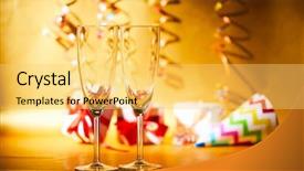  Presentation with two glasses of champagne - Colorful PPT theme enhanced with celebrations light - glasses of champagne backdrop and a  colored foreground
