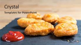  Presentation with celery - Audience pleasing presentation theme consisting of celery bone - fried chicken nuggets with sauce backdrop and a coral colored foreground