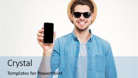  Presentation with hat - Colorful PPT layouts enhanced with cell - smiling handsome young man hat backdrop and a light blue colored foreground