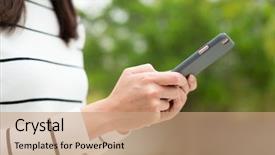  Presentation with cell - Slides featuring cell phone app - woman using cellphone at outdoor background and a coral colored foreground