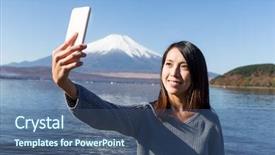  Presentation with mobile phone in woman hand - Cool new slides with cell calture - woman capture photo by herself backdrop and a  colored foreground