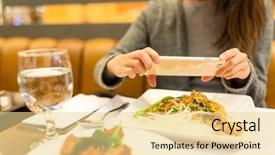  Presentation with restaurant - Presentation design having cell calture - woman taking photo on dishes background and a  colored foreground