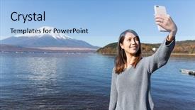  Presentation with selfie - Presentation enhanced with cell calture - woman taking selfie by mobile background and a  colored foreground