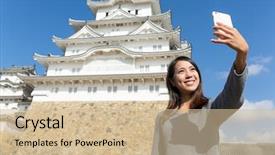  Presentation with castle - PPT theme having cell calture - woman taking selfie in himeji background and a soft green colored foreground