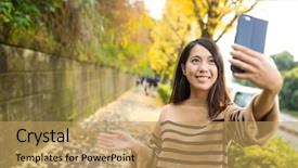  Presentation with take - Presentation design having cell calture - woman using cellphone to take background and a coral colored foreground