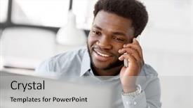  Presentation with african american in computer business - Slide set with cell comnucation - business people communication and technology background and a  colored foreground