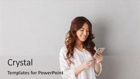  Presentation with cheerful - Colorful slides enhanced with cell comnucation - cheerful asian woman standing isolated backdrop and a light gray colored foreground