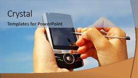  Presentation with communicator - Presentation enhanced with cell comnucation - hands with communicator background and a light blue colored foreground