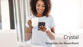  Presentation with mobile home - Slides having cell comnucation - smiling african woman using mobile background and a lemonade colored foreground