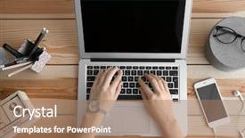  Presentation with laptop - Slide deck having cell comnucation - woman using laptop on wooden background and a coral colored foreground