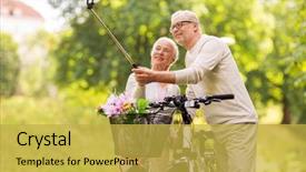  Presentation with old couple walking - Audience pleasing presentation design consisting of cell cycle - active old age technology backdrop and a yellow colored foreground