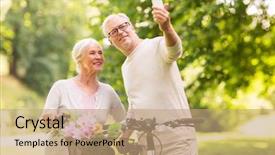  Presentation with old couple walking - Presentation theme featuring cell cycle - active old age technology background and a coral colored foreground