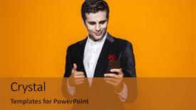  Presentation with man holding phone - Colorful slides enhanced with cell death - photo of terrifying dead man backdrop and a crimson colored foreground