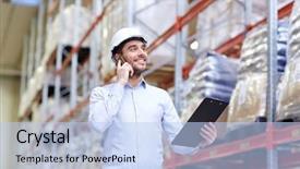  Presentation with warehouse - Presentation featuring cell factory - man with clipboard and smartphone background and a light blue colored foreground