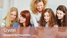  Presentation with women - PPT theme with woman cell group - five happy young women comparing background and a coral colored foreground