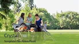  Presentation with mothers - Audience pleasing PPT theme consisting of woman cell group - happy mothers with baby strollers backdrop and a seafoam green colored foreground