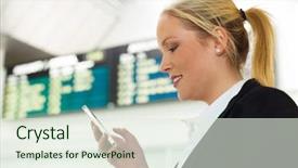  Presentation with sms - PPT theme having cell network - business woman writes on sms background and a sky blue colored foreground