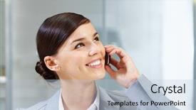  Presentation with busy work - Slide deck with cell network - image of busy businesswoman calling background and a  colored foreground