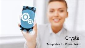  Presentation with smartphone app - Presentation design enhanced with cell phone app - business office technology and education background and a light gray colored foreground