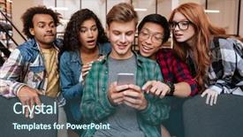  Presentation with cheerful - PPT theme featuring cell phone app - cheerful young man sitting background and a ocean colored foreground