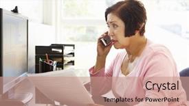  Presentation with computer - PPT layouts enhanced with cell phone call - senior hispanic woman working background and a coral colored foreground
