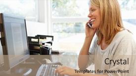  Presentation with pink home office - Beautiful presentation design featuring cell phone call - woman working in home office backdrop and a  colored foreground