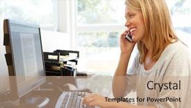  Presentation with home office - Presentation theme with cell phone call - woman working in home office background and a  colored foreground