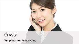  Presentation with asian - Colorful slide deck enhanced with cell phone headset desk phone - beautiful asian business woman using backdrop and a white colored foreground