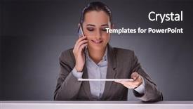  Presentation with tablet - Cool new presentation theme with cell phone headset desk phone - woman with tablet computer backdrop and a dark gray colored foreground
