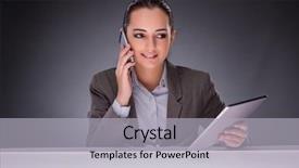  Presentation with computer - Presentation having cell phone headset desk phone - woman with tablet computer background and a light gray colored foreground