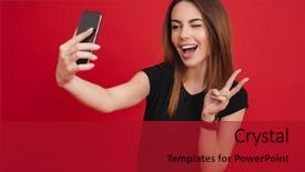  Presentation with black woman - Presentation theme enhanced with cell phone isolated over red background and a crimson colored foreground