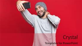  Presentation with selfie - Theme enhanced with cell phone isolated over red background and a crimson colored foreground