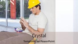  Presentation with safety construction worker in construction - Presentation having cell phone safety - construction worker looking in cellphone background and a  colored foreground