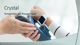  Presentation with smart watch red - Slides having cell phone selling - customer pay with smart watch background and a sky blue colored foreground